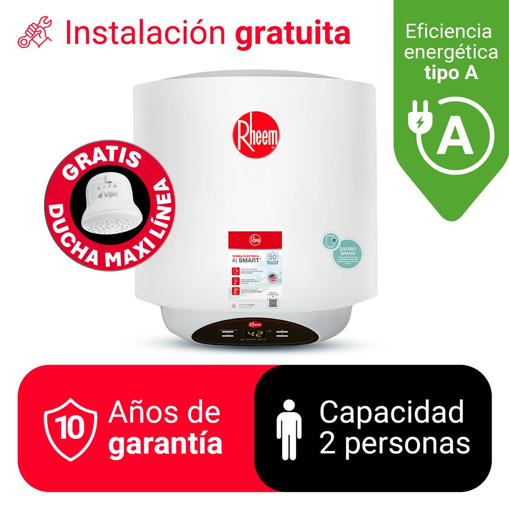 Imagen 2 del producto Terma eléctrica Rheem Ai smart, 50 litros, esmaltada con zafiro, blanco